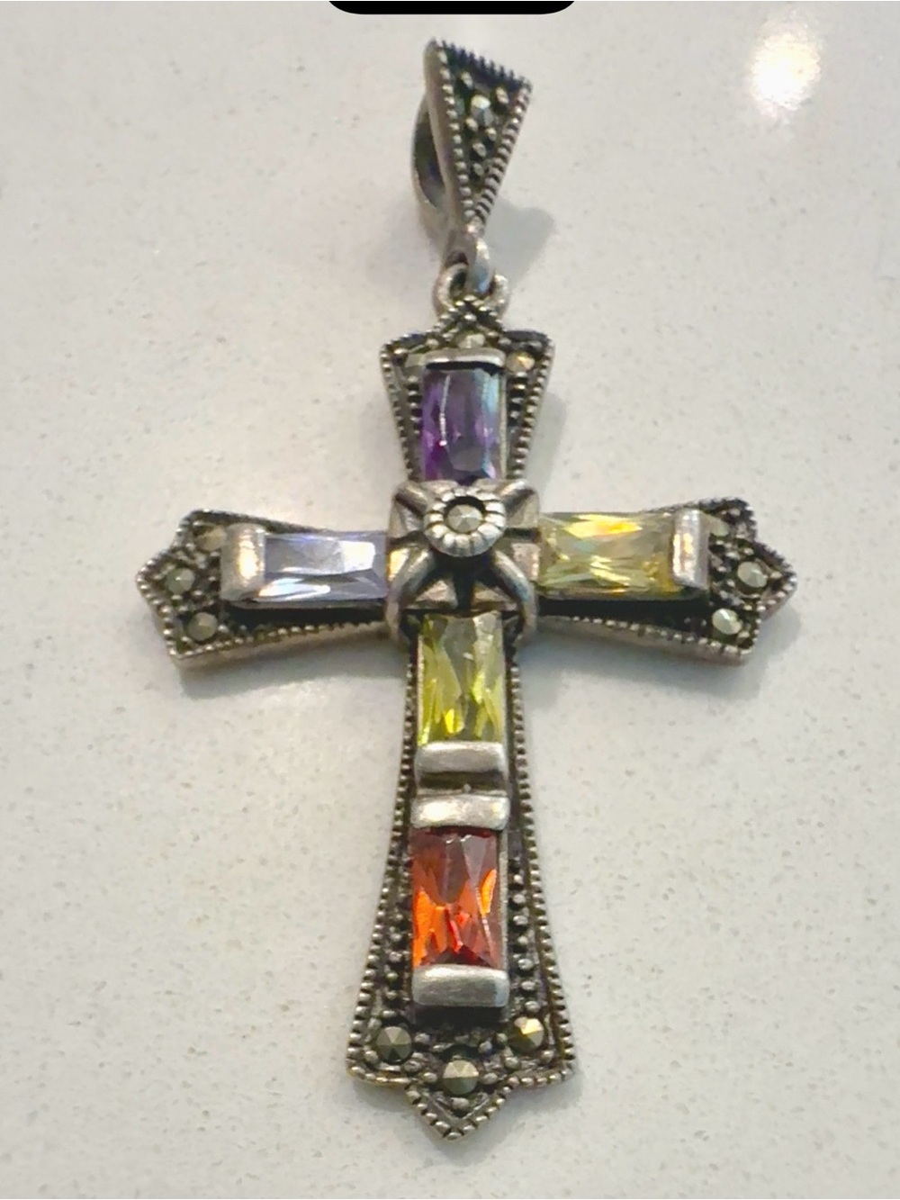Vintage Multicolor Crystal Marcasite Cross Pendant for Necklace - 925 Silver